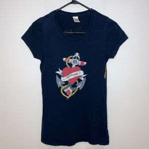 Y2K Vintage Ed Hardy By Christian Audigier Black T Shirt Woman's S Anchor